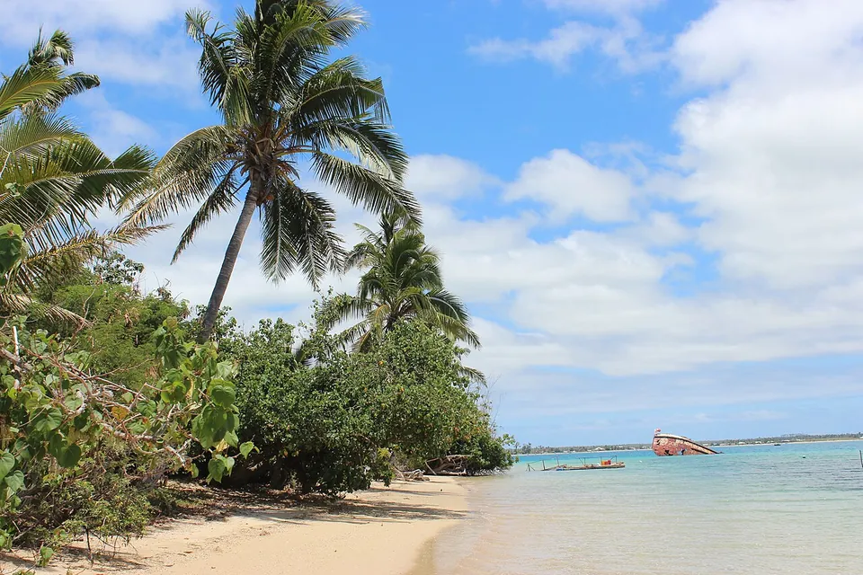 Palm-lined beach on Pangaimotu Island near Tongatapu, Tonga