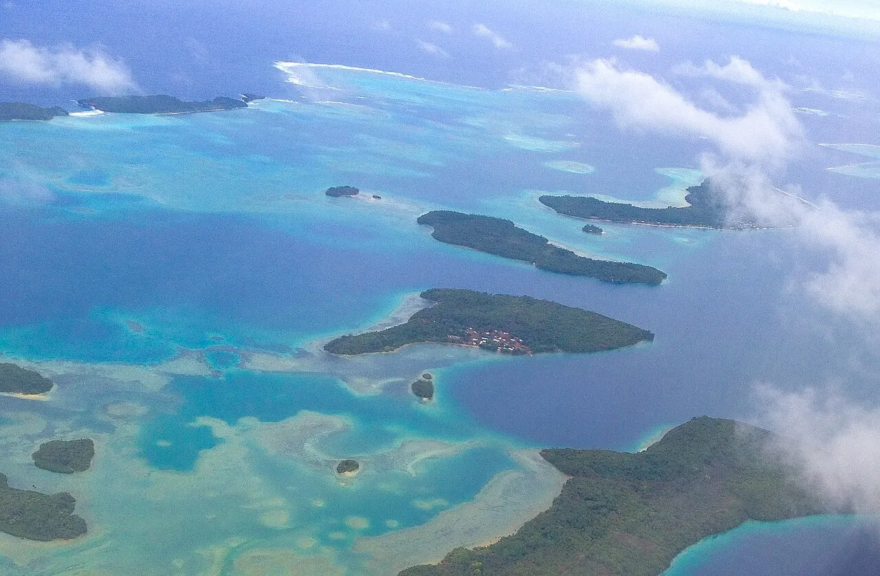 Islands and reefs off eastern Vava'u, Tonga, seen from the air